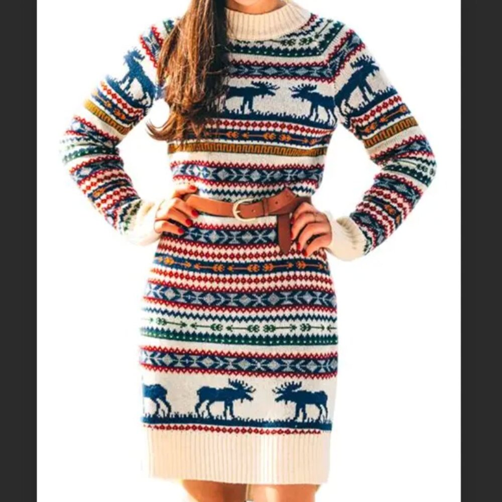 Kiel James Patrick Cozy Cabin Knit Moose Sweater Dress | Size S
